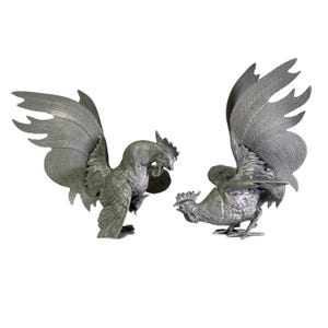 May include: Two detailed, silver-colored rooster sculptures. One rooster is standing with its wings spread, while the other is in a more relaxed pose. The sculptures have textured feathers and are set against a white background.
