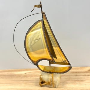 Vintage Brass Sailboat Sculpture | Nautical Art with Onyx Base | Signed Mid Century Modern Coastal Decor | Ocean Boat Gift | Desk Accessory