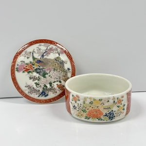 Satsuma Japan Lidded Trinket Dish | Vintage Porcelain Box with Bird & Floral Design | Japanese Keepsake Jar | Jewelry or Ring Holder