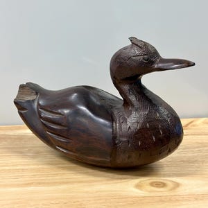 Vintage Hand-Carved Wooden Duck Decoy Sculpture | Rustic Cabin Decor Folk Art Waterfowl Figurine Dark Wood Bird Statue Wildlife Home Decor