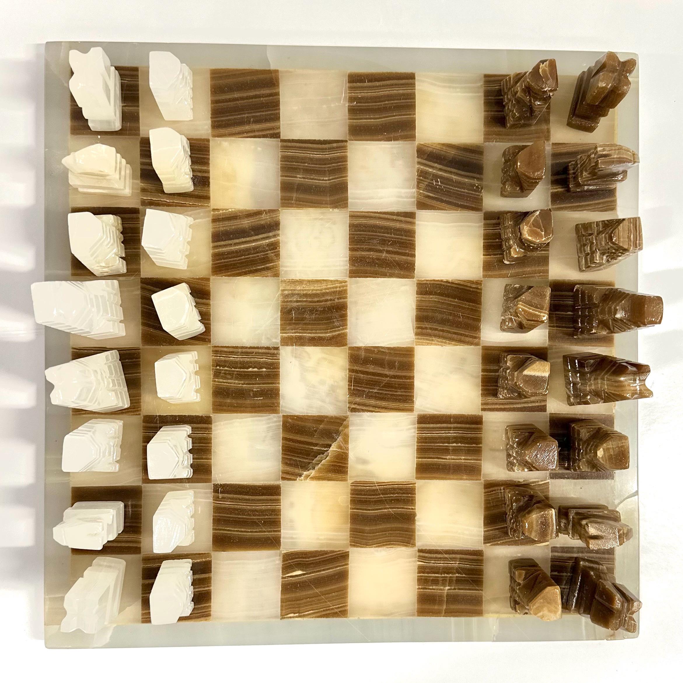 Vintage 14” Onyx Marble Chess Set | Hand Carved Stone Pieces | Brown & White Alabaster | Mid Century Home | Game Room Coffee Table Decor
