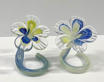 Murano Style Hand Blown Glass Flower Sculptures Set of 2 | Yellow Blue Art Glass Vase Floral Figurines | Modern Handmade Decor | Glass Gift