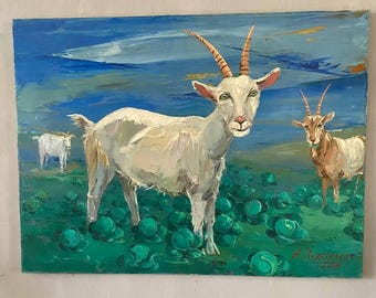 Impasto Farmhouse Painting - Goat in the Countryside, Artwork Goat Painting - Animals on a Farm, Original Art