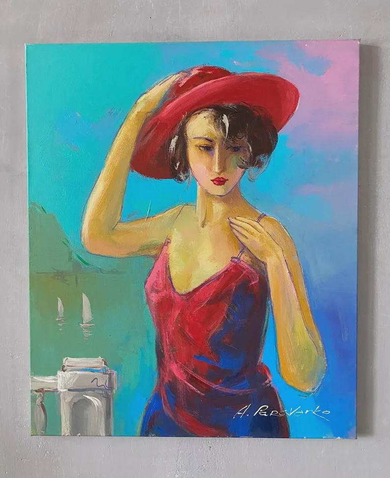 Lady in Red Hat – Original Oil Painting on Canvas, Hand-Painted Seaside Portrait, 60x50 cm (23.6"x19.7"), Modern Figurative Wall Art & Gift