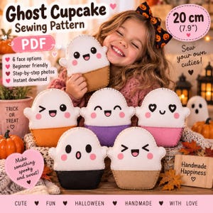 Puede incluir: Un patrón de costura en PDF para un peluche de cupcake fantasma de 20 cm. El patrón incluye 6 opciones de caras, fotos paso a paso y descarga instantánea. La imagen muestra cinco cupcakes fantasma de fieltro con varias expresiones.