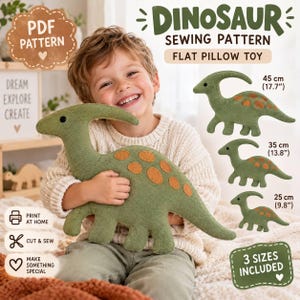 May include: A PDF sewing pattern for a flat dinosaur pillow toy. The pattern includes three sizes: 45 cm, 35 cm, and 25 cm. The dinosaur is green with orange spots and a black eye. Text includes DINOSAUR SEWING PATTERN and 3 SIZES INCLUDED.