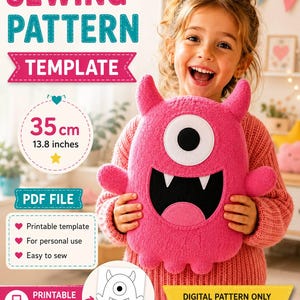 May include: A sewing pattern template for a plush monster toy. The text reads SEWING PATTERN TEMPLATE, 35 cm 13.8 inches, PDF FILE, Printable template, For personal use, Easy to sew, PRINTABLE TEMPLATE INSTANT DOWNLOAD, and DIGITAL PATTERN ONLY.