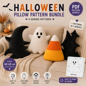 Może przedstawiać: Zestaw wzorów na poduszki na Halloween zawierający cztery szablony do szycia: czarny kapelusz czarownicy, biały duch, cukierek kukurydziany i czarny nietoperz. Cyfrowy plik PDF zawiera szablony do druku o wymiarach około 60-65 cm.