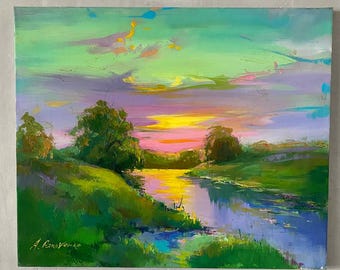 Sunset Over the River – Original Oil Painting on Canvas, Hand-Painted Landscape Art, Colorful Nature Wall Decor, 60x50 cm (23.6&quot;x19.7&quot;)