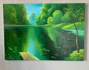 Original Oil Painting on Canvas – Peaceful Lake Landscape, Hand-Painted Green Forest Scene, Wall Art, Nature Home Decor, Tranquil River View