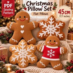 May include: A PDF sewing pattern for a Christmas pillow set featuring four flat pillows: two brown gingerbread people with white icing details and two brown snowflake-shaped pillows with white snowflake patterns. The text reads Christmas Pillow Set, Flat Pillows, and 45cm 17.7 inches.