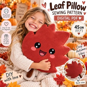 Peut inclure: Un patron de couture PDF numérique pour un coussin en forme de feuille mesurant 45 cm. Le design représente une feuille d'érable rouge avec un visage souriant, de grands yeux noirs et des joues roses. Inclut une vue arrière du modèle.