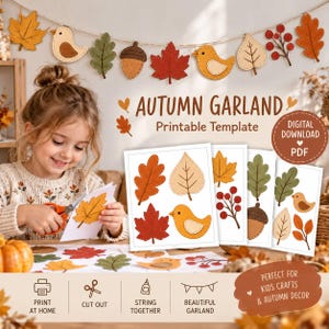 Könnte beinhalten: Eine druckbare Vorlage für eine Herbstgirlande mit digitalen Illustrationen von Blättern, Eicheln, Vögeln und Beeren. Das Set enthält mehrere Seiten mit Motiven zum Ausschneiden und Zusammenfügen zu einem dekorativen Banner für die Saison.