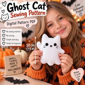 May include: A white felt ghost cat plush toy measuring 20 cm in height. The cat features black circular eyes, a small black triangular nose, and stitched whiskers. The digital sewing pattern includes text: Ghost Cat Sewing Pattern.