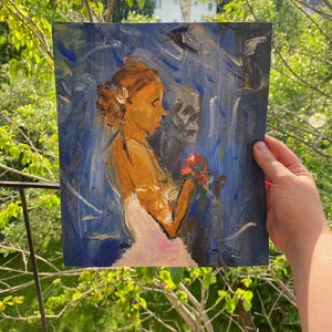 Pequeña obra de arte al óleo: Tema de boda gótica - 26 x 23 cm, Mini tarjeta de boda gótica pintada a mano sobre lienzo, Mini lienzo de pintura al óleo de boda gótica