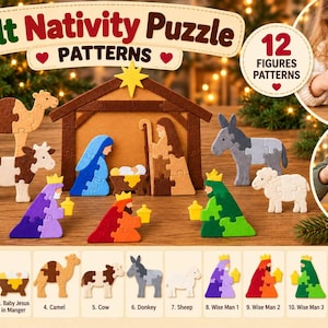 May include: A felt nativity puzzle pattern set featuring 12 figures including Mary, Joseph, baby Jesus, a camel, cow, donkey, sheep, three wise men, a star, and a stable. The set includes digital patterns for printing and cutting.