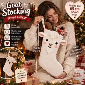 May include: A white felt goat Christmas stocking sewing pattern with a length of 65 cm. The stocking features brown horns, pink cheeks, and a stitched face. The digital pattern includes step-by-step instructions and all necessary pieces.
