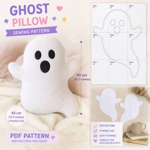 May include: A white ghost-shaped plush pillow with black felt eyes and mouth, measuring 40 cm in height. The image includes a nine-page A4 PDF sewing pattern layout, two fabric cutouts of the ghost shape, and text reading GHOST PILLOW.