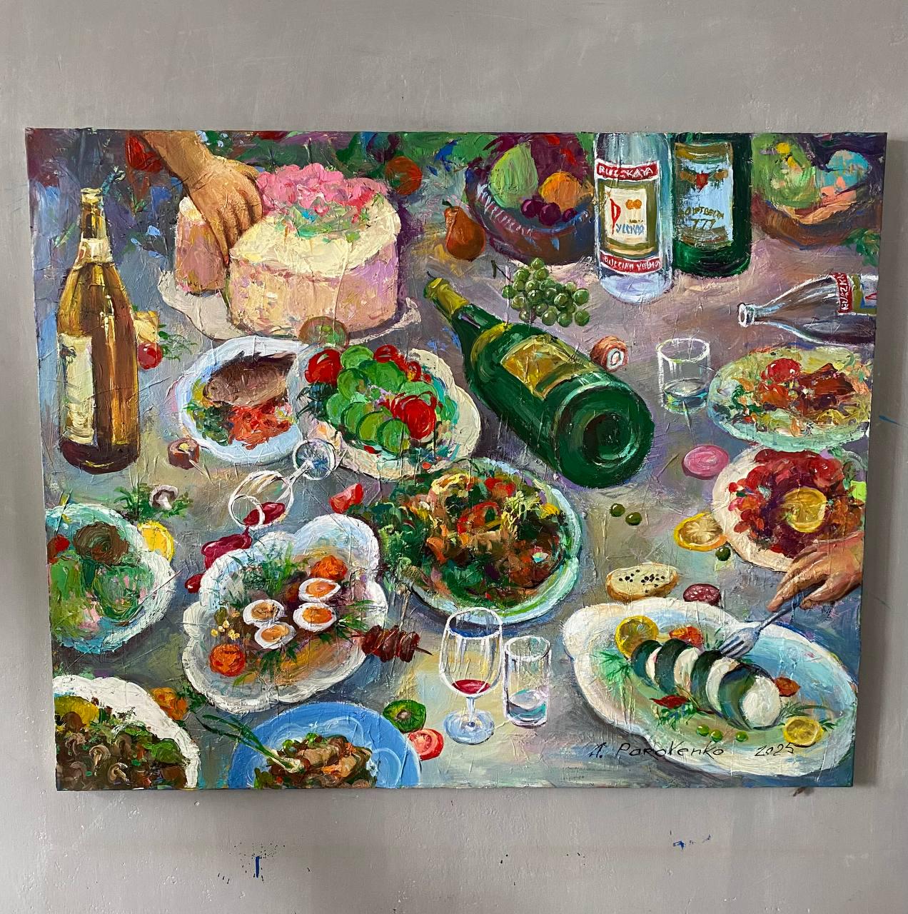 Original Large Oil Painting–Festive Food Table on Canvas 100x80 cm–Colorful Kitchen Wall Art –Dining Room Decor –Hand-Painted Ukrainian Art