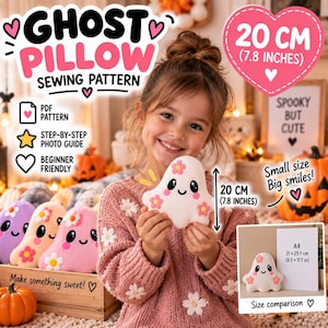 Può includere: Un cartamodello per cuscino a forma di fantasma che mostra un fantasma bianco con dettagli floreali rosa e gialli. Il modello include una guida in PDF, foto passo dopo passo ed è adatto ai principianti. Il fantasma finito misura 20 cm (7,8 pollici).