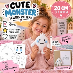 May include: A sewing pattern for a cute monster, including a PDF pattern, step-by-step photo guide, and beginner-friendly instructions. The finished monster is 20 cm (7.8 inches) tall. Includes A4 size comparison and print, cut, sew text.