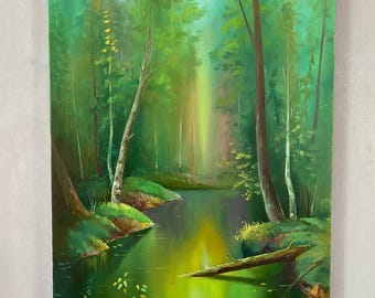 Forest River–Original Oil Painting on Canvas,Hand-Painted Green Landscape,Nature Wall Art,70x50 cm (27.6&quot;x19.7&quot;) – Perfect Gift & Home Decor