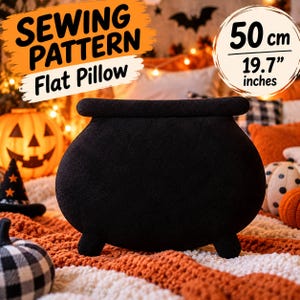 May include: A black cauldron-shaped flat pillow sewing pattern. The image displays the text SEWING PATTERN Flat Pillow and 50 cm 19.7 inches. The pillow has a wide rim, a rounded body, and three small feet, measuring 50 cm or 19.7 inches.