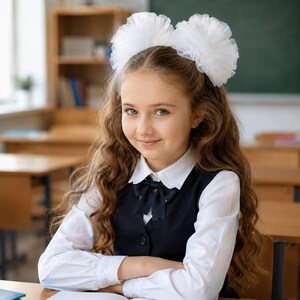 May include: A young student in a school uniform, seated at a desk with an open notebook and pen. She wears a white collared shirt, a black vest, and a black bow tie. Her hair is styled with large white bows. The classroom has wooden desks and a chalkboard.