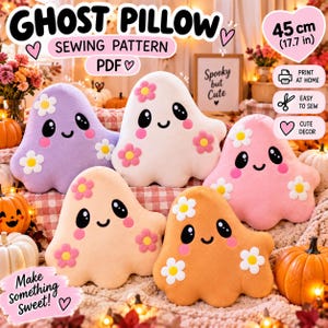 Può includere: Un cartamodello digitale per un cuscino a forma di fantasma, con cinque sagome di fantasmi in peluche viola, bianco, rosa, pesca e arancione. Ogni fantasma ha un viso sorridente, guance rosa e decorazioni floreali bianche e rosa. 45 cm.