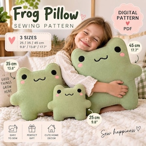 Pode incluir: Um molde de costura digital em PDF para uma almofada de sapo em três tamanhos: 25 cm, 35 cm e 45 cm. O molde apresenta almofadas verde-claras em forma de sapo com olhos pretos e bochechas cor-de-rosa.