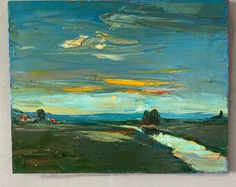 Sunset Over the Field – Original Oil Painting on Canvas, Hand-Painted Landscape Art, 50x40 cm (19.7&quot;x15.7&quot;), Impressionist Wall Decor & Gift