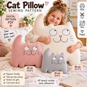 Puede incluir: Un patrón de costura digital para cojines con forma de gato en tres tamaños: 25 cm, 35 cm y 45 cm. El patrón incluye instrucciones para crear cojines de peluche con detalles faciales bordados, incluyendo ojos, narices y bigotes.