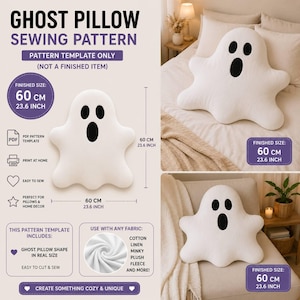 Könnte beinhalten: Ein digitales Schnittmuster für ein geisterförmiges Kissen mit dem Text GHOST PILLOW SEWING PATTERN, PATTERN TEMPLATE ONLY und einer fertigen Größe von 60 cm. Das weiße Geisterkissen hat zwei schwarze ovale Augen und einen schwarzen ovalen Mund.