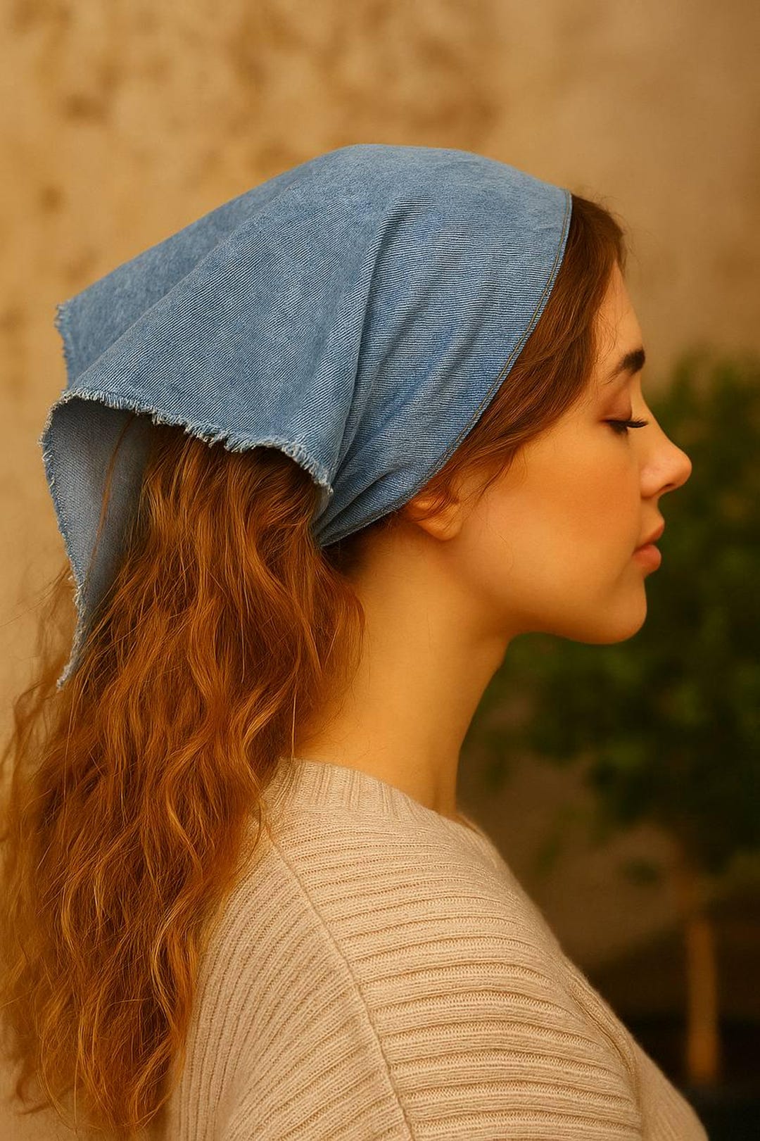 Denim Bandana Head Scarf – Raw-edge Jean Hair Wrap, Vintage Cottagecore ...
