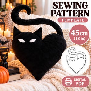 Wzór na pluszowego kota w formacie PDF, wzór na poduszkę z czarnym kotem, poduszka z gotycką poduszką z kotem, szablon do szycia kota na Halloween, kot z kręconym ogonem