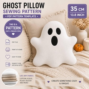 Può includere: Un cartamodello per un cuscino bianco a forma di fantasma. Il testo riporta GHOST PILLOW SEWING PATTERN, PDF PATTERN TEMPLATE, THIS IS A PATTERN (NOT A FINISHED ITEM), 35 cm, 13.8 inch, PDF file, print at home, easy to sew, use any fabric.