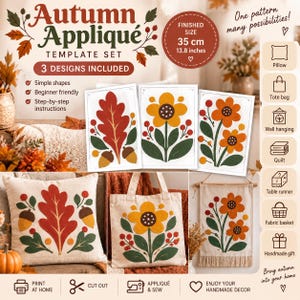 以下が含まれることがあります： 完成サイズ35cmの「Autumn Appliqué」テンプレートセット。3種類のデザインが含まれており、クッション、トートバッグ、壁掛け、キルト、テーブルランナー、布製バスケットの作り方が記載されています。赤、オレンジ、緑の秋らしいモチーフが特徴です。