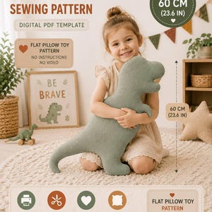 May include: A digital PDF sewing pattern for a flat dinosaur pillow toy. The text reads Dinosaur Sewing Pattern, Digital PDF Template, Flat Pillow Toy Pattern, No Instructions, No Video, Size 60 cm (23.6 in), A4/US Letter Format.