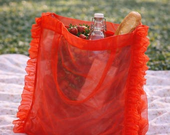 Red Sheer Tote Bag, Ruffle Mesh Bag 35 cm, Aesthetic Summer Tote, Romantic Picnic Bag, Statement Transparent Purse, Gift for Her