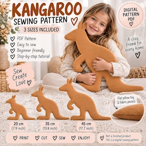 May include: A digital PDF sewing pattern for a kangaroo-shaped plush toy. The pattern includes three sizes: 20 cm, 35 cm, and 45 cm. The text reads: Kangaroo Sewing Pattern, 3 Sizes Included, Digital Pattern PDF, A cozy friend for every home.