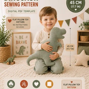 May include: A digital PDF sewing pattern for a flat dinosaur-shaped pillow toy. The pattern creates a 17.7-inch tall plush dinosaur. The document includes text stating it is a flat pillow toy pattern with no instructions or video included.