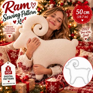 May include: A digital sewing pattern for a ram-shaped plush toy, featuring a PDF download icon, the text Ram Sewing Pattern, 50 cm (19.7 in), 2027 Year of the Goat, and a line drawing of the ram silhouette on a white circular background.