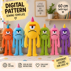 May include: A digital sewing pattern for a 60 cm tall plush monster toy with one eye, two long arms, and a horn. The image displays six finished plush monsters in orange, blue, yellow, green, pink, and purple, each featuring a matching horn.