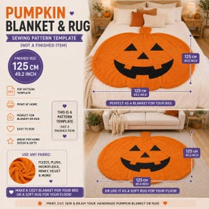 May include: A sewing pattern template for a pumpkin-shaped blanket and rug. The design features a bright orange pumpkin with a black jack-o'-lantern face. The finished item measures 125 cm in diameter. The text indicates it is a PDF pattern.