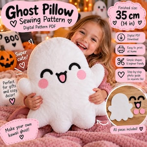 May include: A white plush ghost pillow with black embroidered eyes, a black mouth with a pink tongue, and pink circular cheeks. The digital sewing pattern includes a finished size of 35 cm (14 in) and shows separate white, black, and pink fabric pieces.