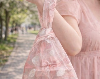 Pink Sheer Organza Japanese Knot Bag – Transparent Mesh Tote 25x33 cm | Coquette Aesthetic Purse | Romantic Summer Handbag |  Gift for Women