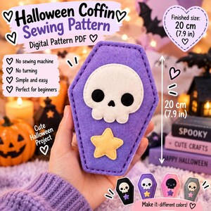 May include: A purple felt coffin-shaped craft project featuring a white skull and a yellow star applique. The item measures 20 cm (7.9 in) in height. Text on the image includes Halloween Coffin Sewing Pattern, Digital Pattern PDF, and No sewing machine.
