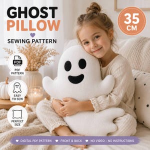 May include: A white ghost-shaped pillow with black eyes and a black mouth. The text on the image reads GHOST PILLOW SEWING PATTERN, 35 CM, PDF PATTERN, EASY TO SEW, PERFECT SIZE, DIGITAL PDF PATTERN, FRONT & BACK, NO VIDEO - NO INSTRUCTIONS.