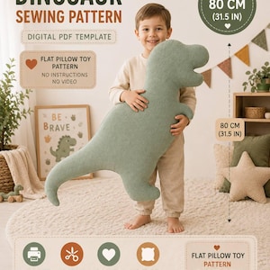 May include: A digital PDF sewing pattern for a flat dinosaur-shaped pillow toy. The text reads Dinosaur Sewing Pattern, Digital PDF Template, Flat Pillow Toy Pattern, No Instructions, No Video, Size 80 cm (31.5 in), A4/US Letter Format.