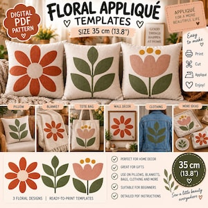Op de afbeelding: Digitaal PDF-patroon voor florale applicatiesjablonen van 35 cm (13,8 inch). Bevat drie ontwerpen: een roestkleurige bloem, een groene bladsteel en een roze tulp. Instructies voor kussens, dekens, tassen en kledingstukken inbegrepen.